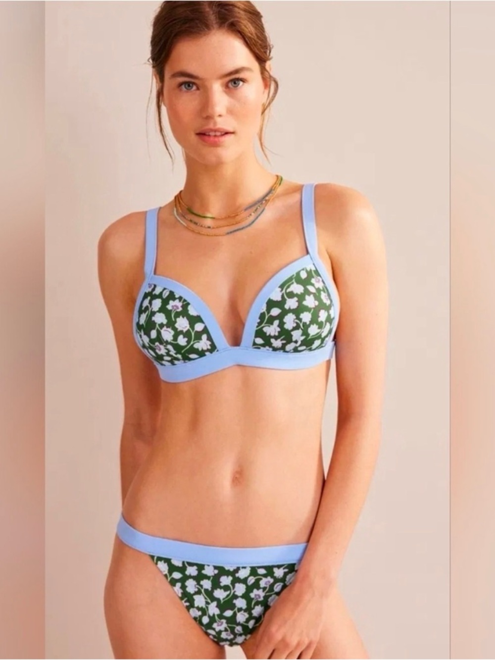 👙 Boden Green Floral Bikini bottom with Light Blue Trim